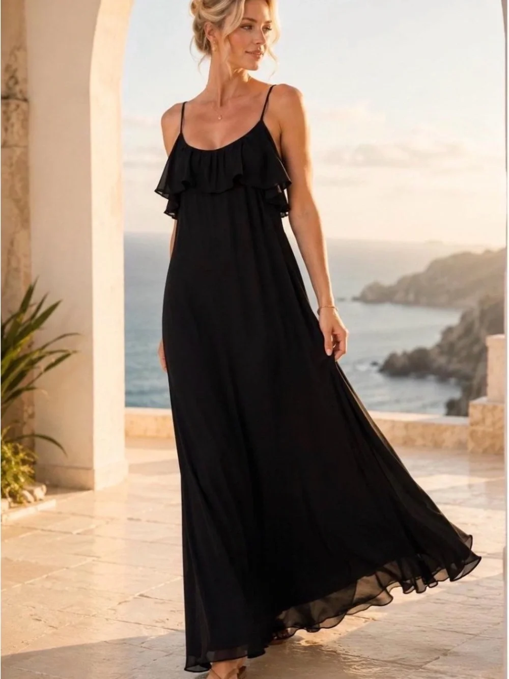 Abercrombie & Fitch Black Ruffle-Front Spaghetti Strap Maxi Dress
